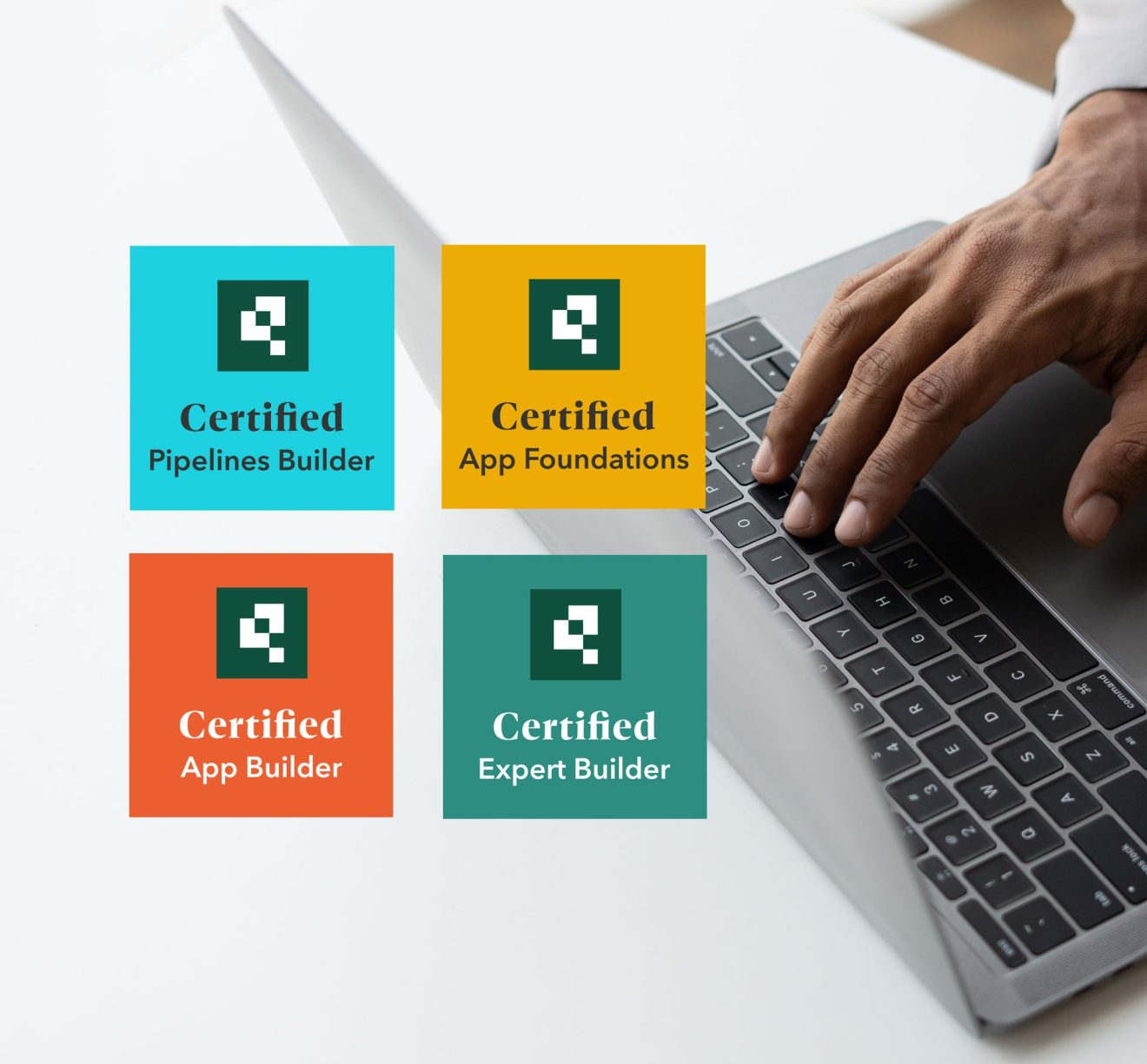 A man's hand on a laptop keyboard in the background with four colored tiles on top: pipelines builder, app foundations, app builder, and expert builder.