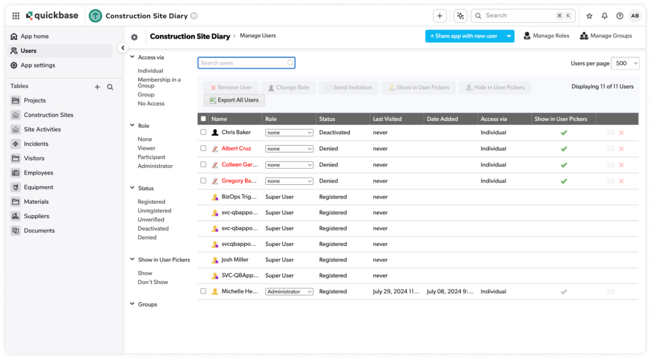 Construction site diary manage users screenshot treated