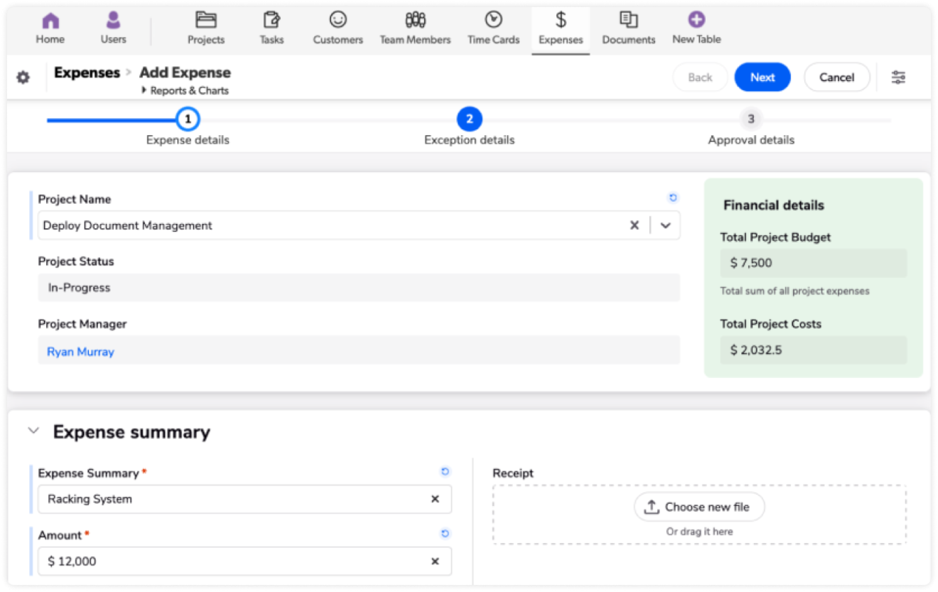 Forms add expense treated product screenshot