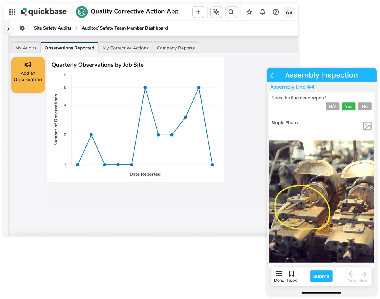 Quickbase safety audit and FastField assembly inspection layered product screenshots