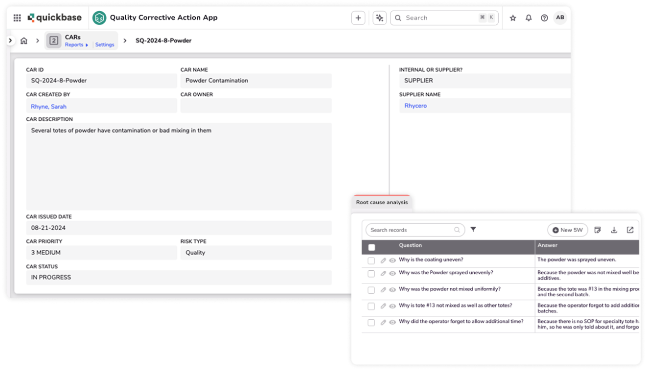 Quality corrective actions CARs reports and root cause analysis layered product screenshots