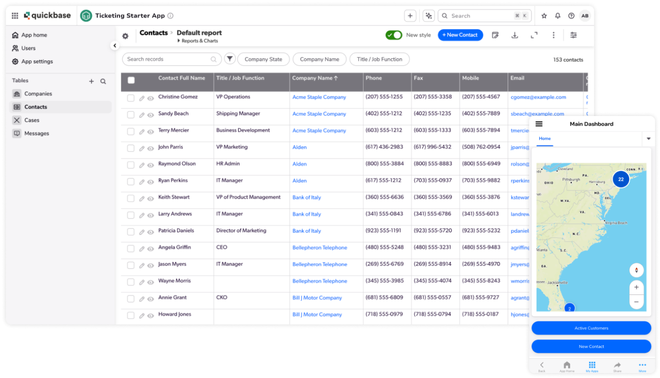 Ticketing starter app desktop contacts report and mobile map screenshots layered