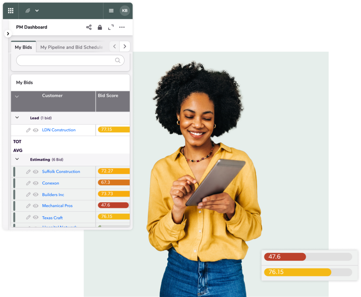 A woman looking at a tablet with Quickbase construction dashboard reports